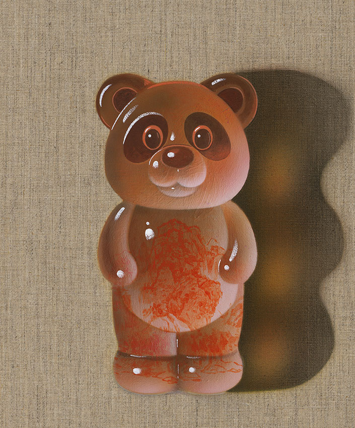 Emerald Gummy Panda - Snowy Scenery with Cold Forests, Acrylic on Canvas, 50x40cm, 2025