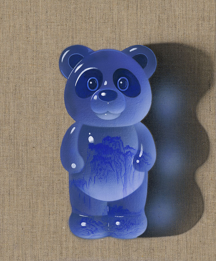 Emerald Gummy Panda - Travelers Among Mountains and Streams, Acrylic on Canvas, 50x40cm, 2025